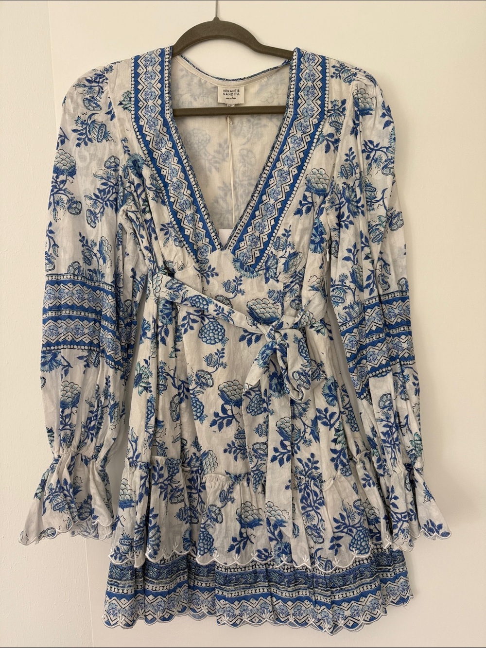HEMANT & NANDITA Blue and White Floral Mini Dress